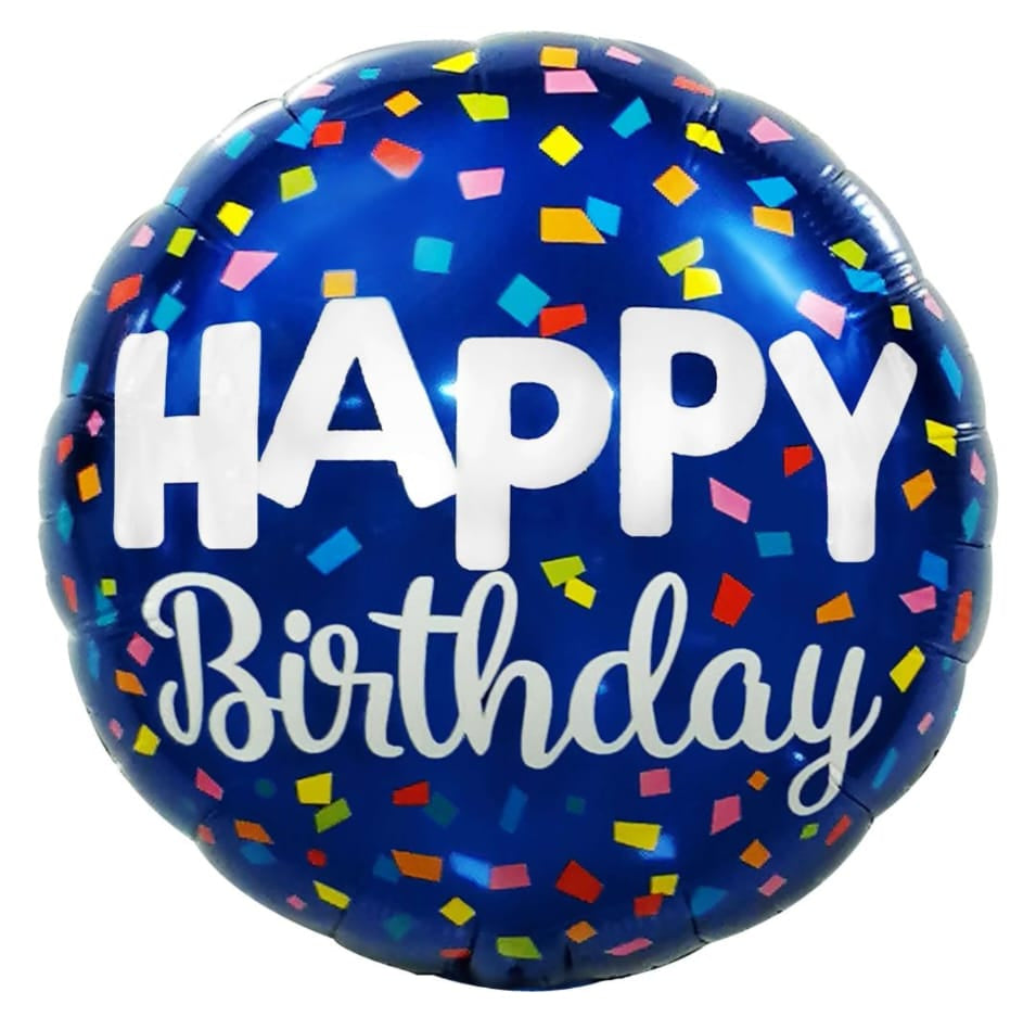 18-inch 'Happy Birthday' confetti balloon on a blue background