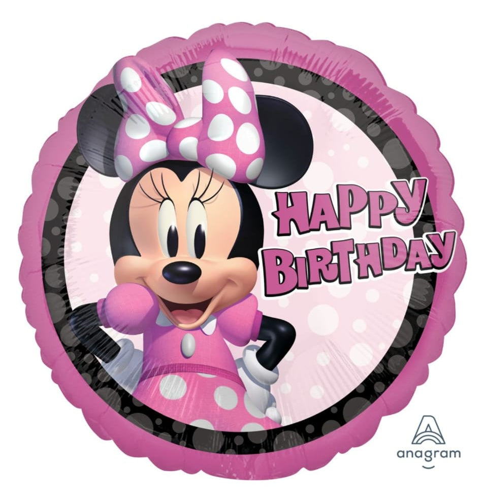 Minnie Mouse birthday balloon with 'Happy Birthday' text 