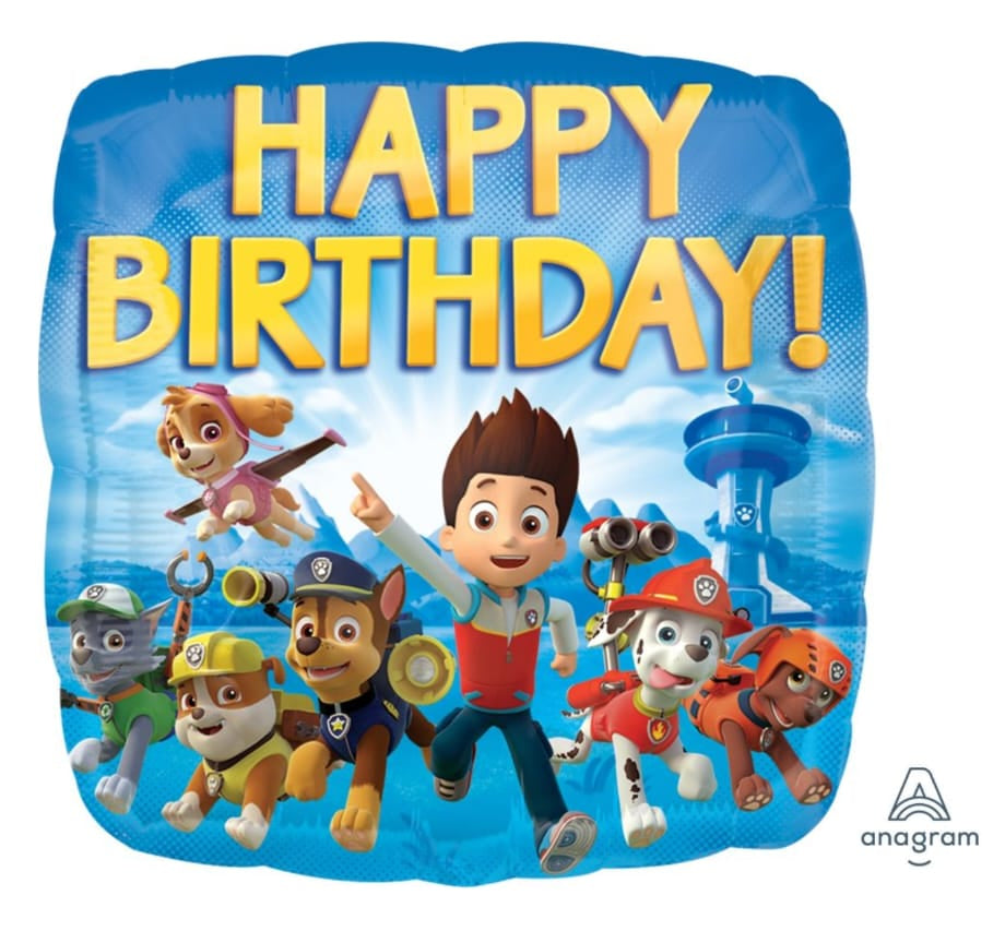 Paw Patrol birthday balloon with characters on a blue background
