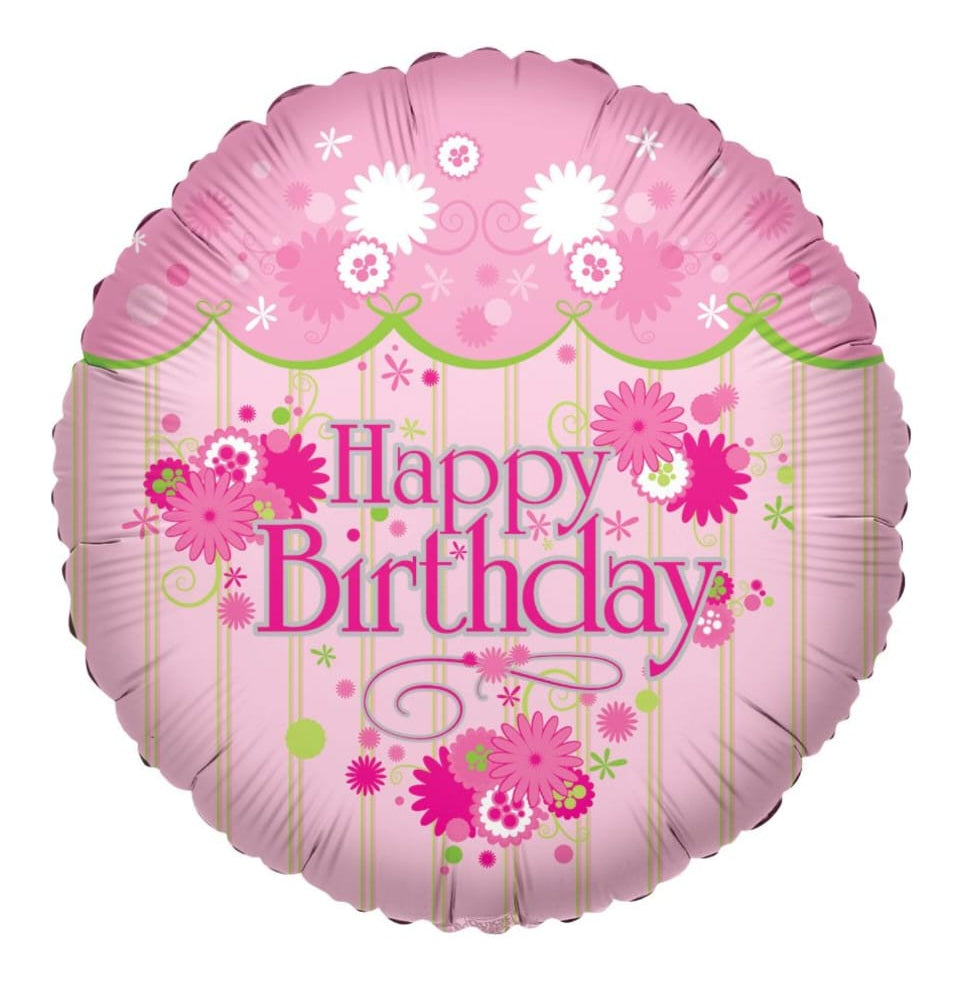 Pink 'Happy Birthday' border balloon with floral designs 
