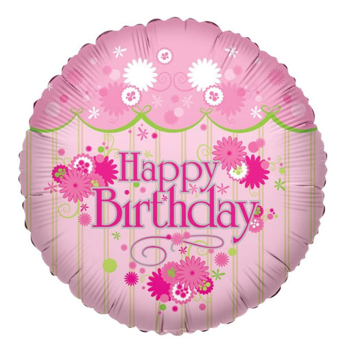 Pink 'Happy Birthday' border balloon with floral designs 