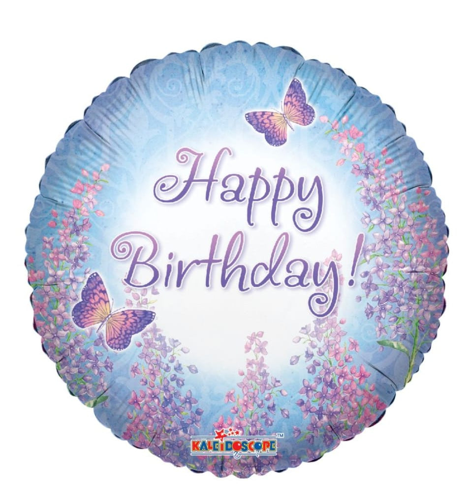 18-inch purple lilacs balloon with 'Happy Birthday!' text 