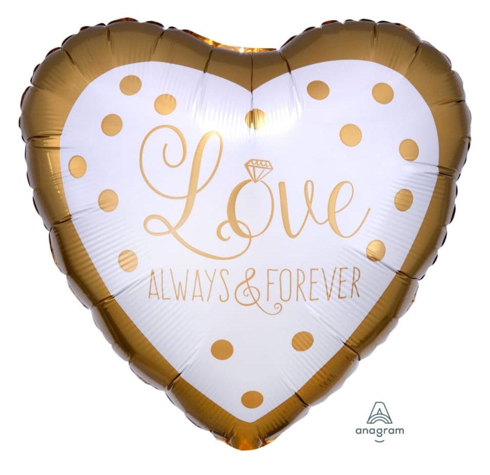 Heart-shaped wedding balloon with 'Love Always & Forever' text 