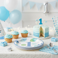 1st Birthday Dessert Plates Blue with Party Background