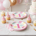 1st Birthday Dessert Plates Pink with Party Background