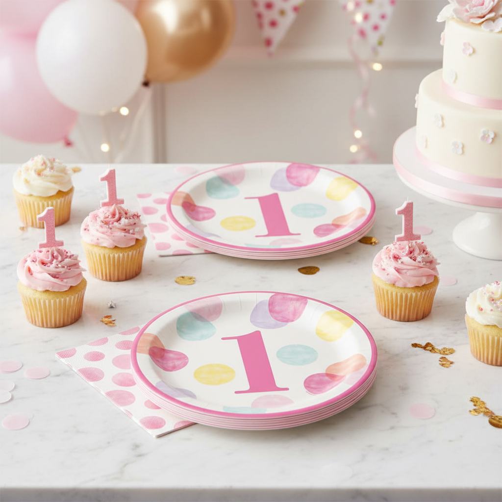 1st Birthday Dessert Plates Pink with Party Background