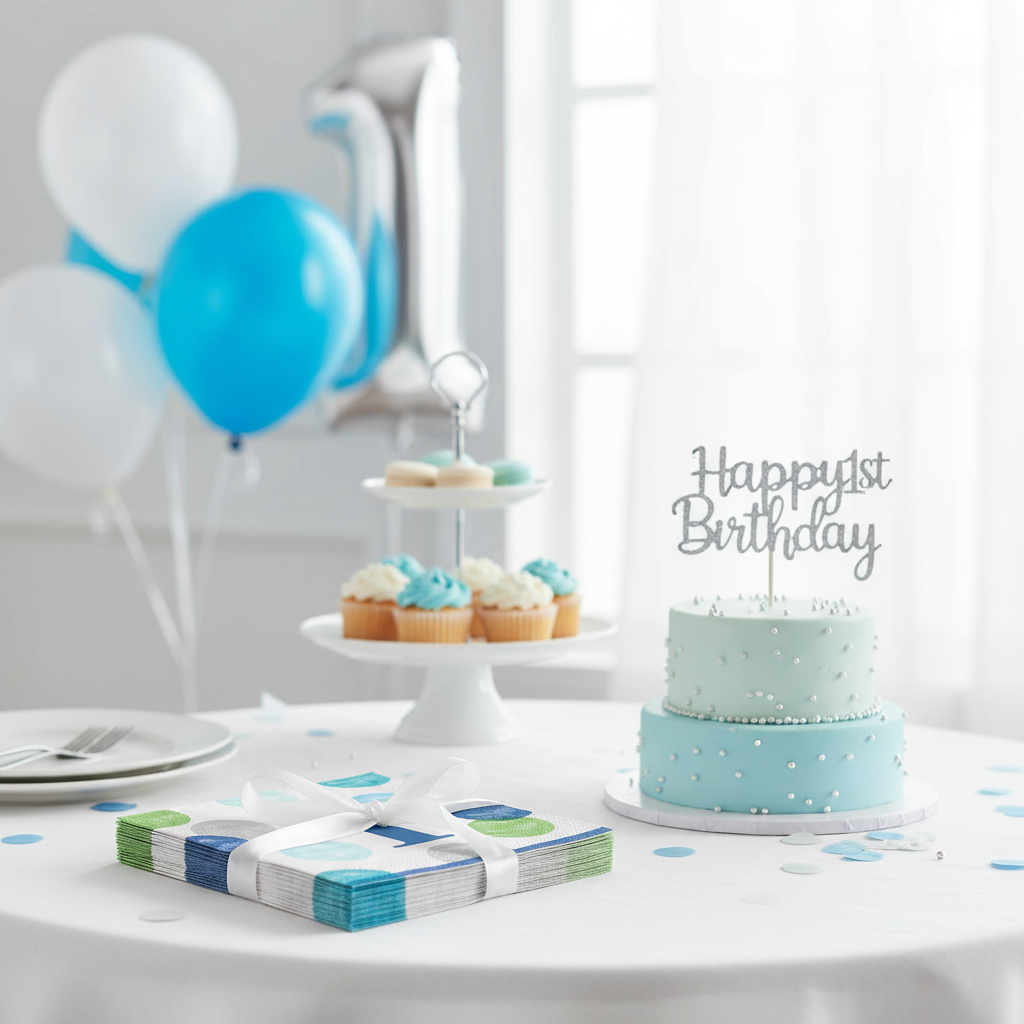 1st Birthday Lunch Napkins Blue with Party Background