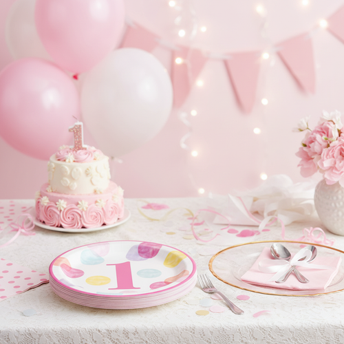 1st Birthday Lunch Plates Pink with Party Background