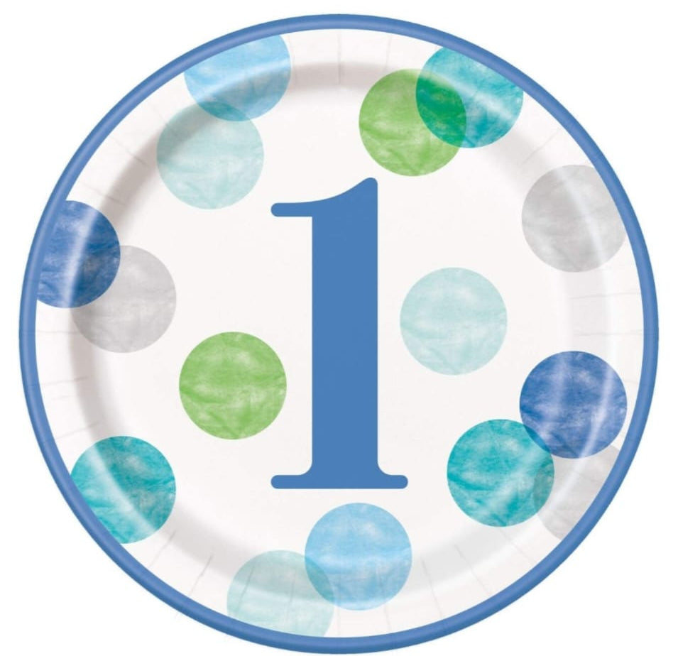 Paper plate with number '1' and colorful polka dots 