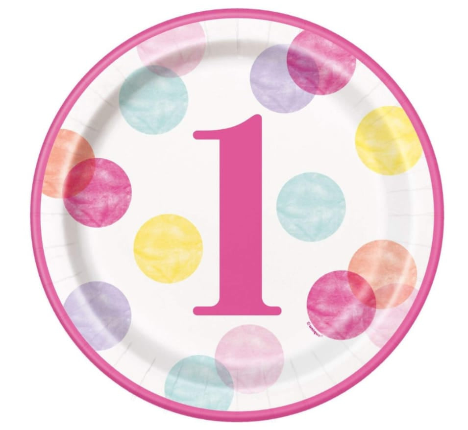 Polka dot birthday plate with number '1' 