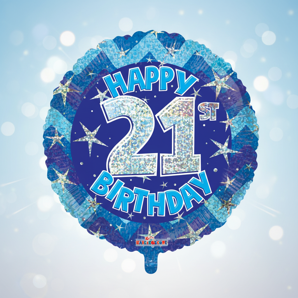 21st Birthday Iridescent Blue Balloon with background