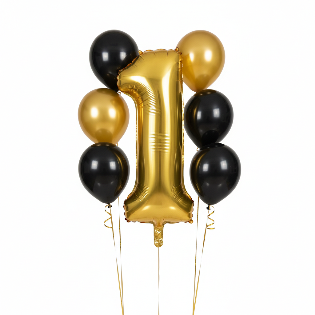 34" gold number 1 balloon with 3 black and 3 gold latex balloons