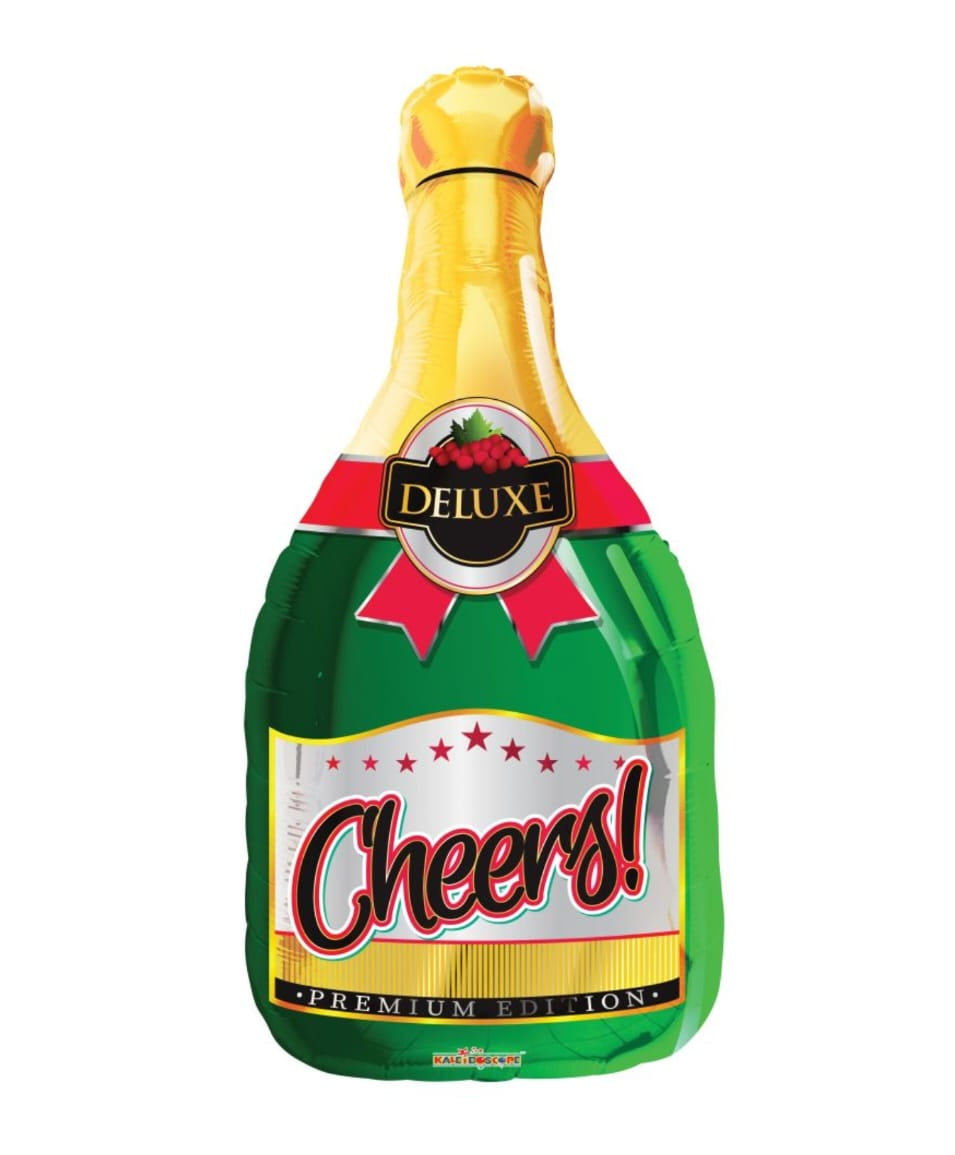 Champagne bottle-shaped balloon with 'Cheers!' text
