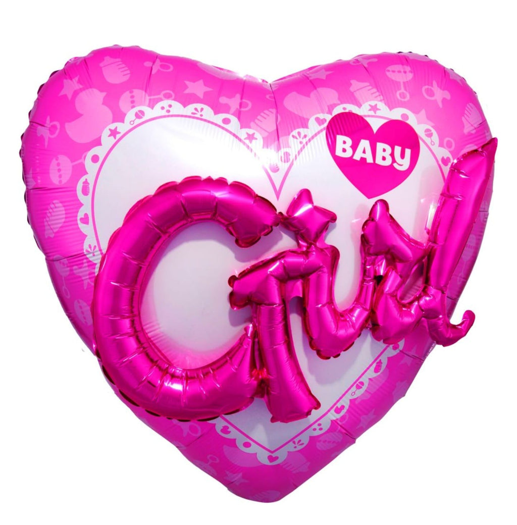 Pink heart-shaped balloon with 'BABY GIRL' text 