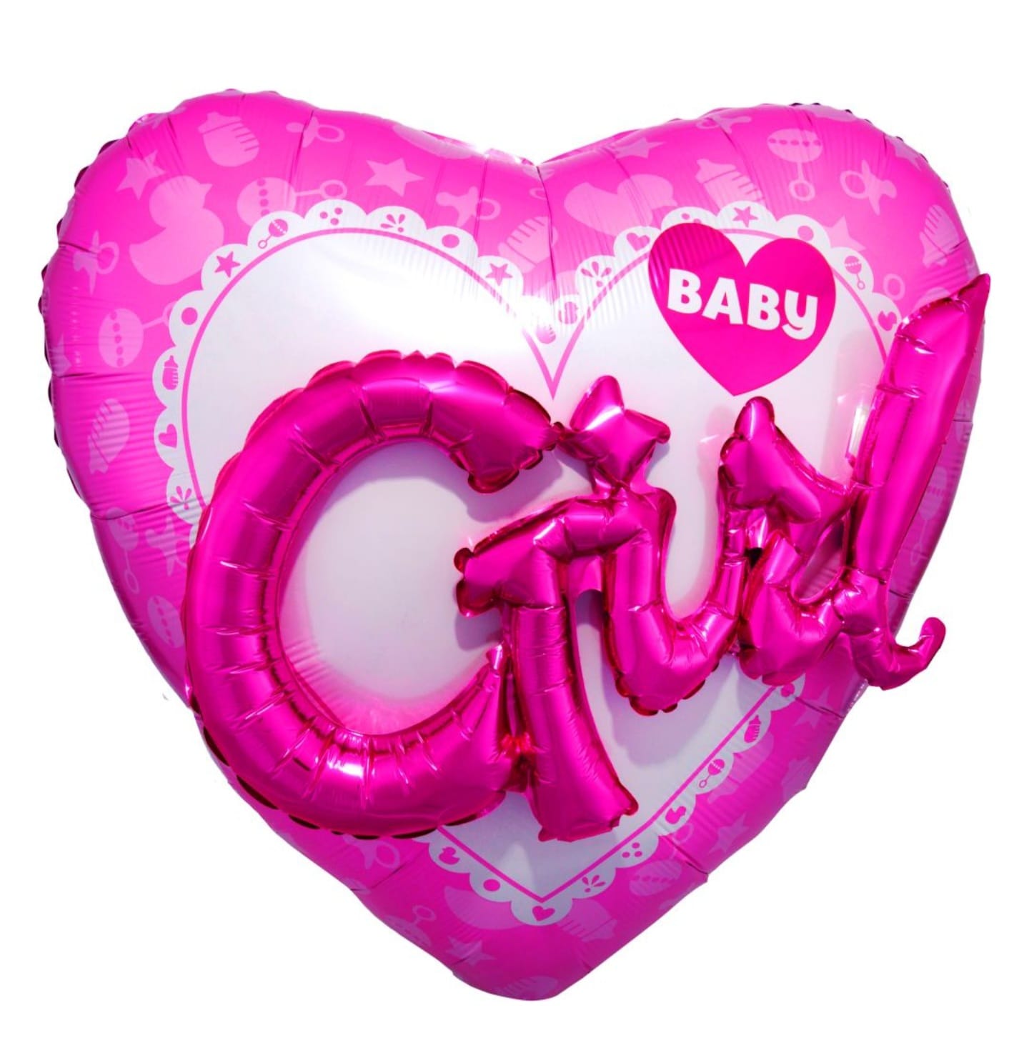 Pink heart-shaped balloon with 'BABY GIRL' text 