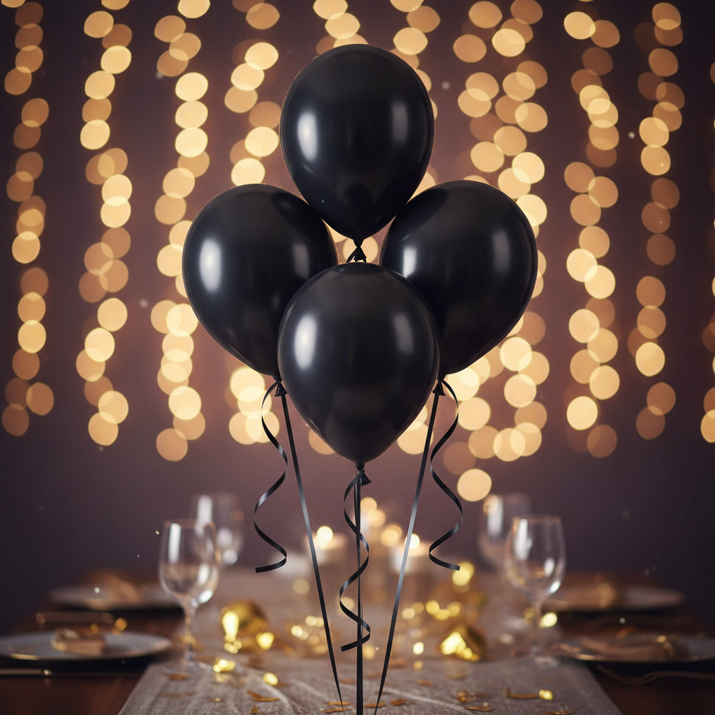 4 Black Helium Balloons - Enhanced Background