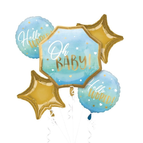 5 Decorative balloons with 'Oh Baby!' and 'Hello World!' text 