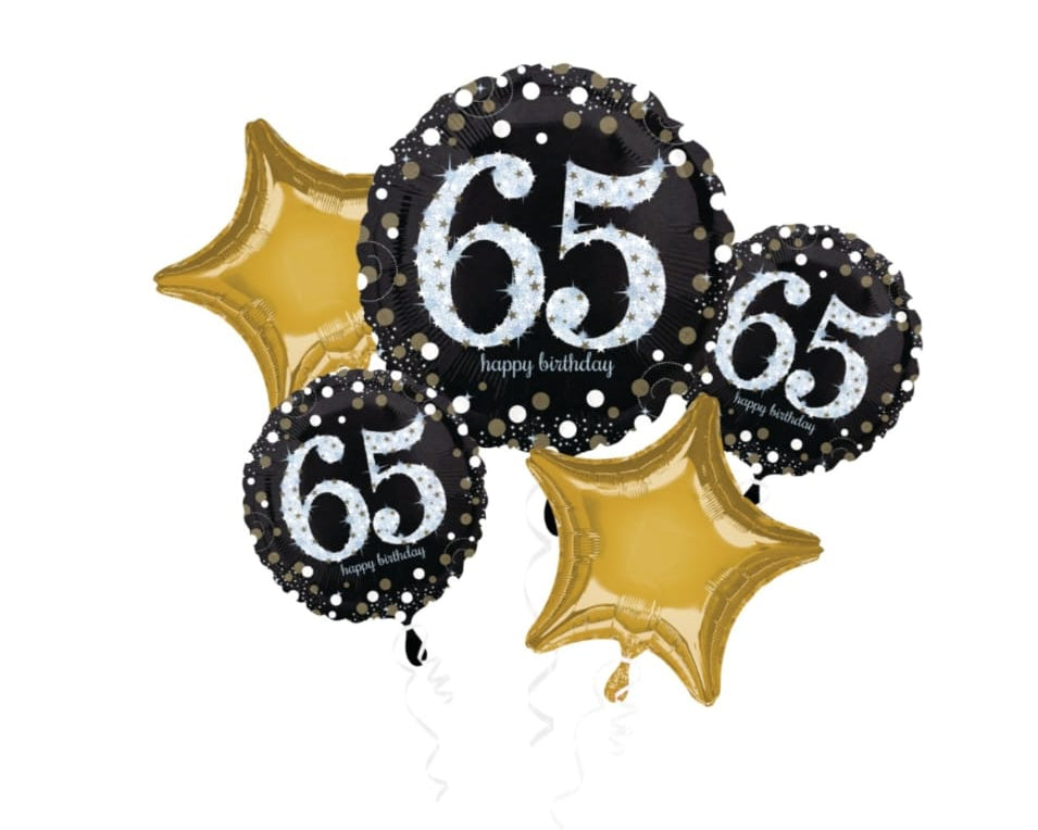 Decorative 5 balloons with the number 65 on 1 Jumbo and 2 standard size balloons and 2 standard size Gold Star Balloons