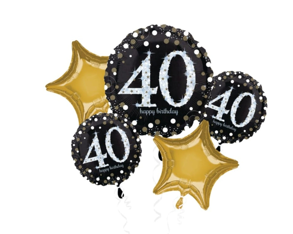 5 Balloon Bouquet 40 Birthday, 1 Jumbo,  2 standard round and 2 Standard Gold Star Balloons