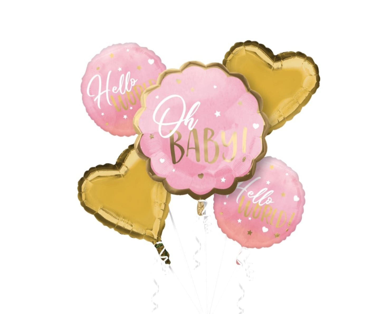 Bouquet of 5 pink and gold balloons with 'Oh Baby!' and 'Hello World' text 