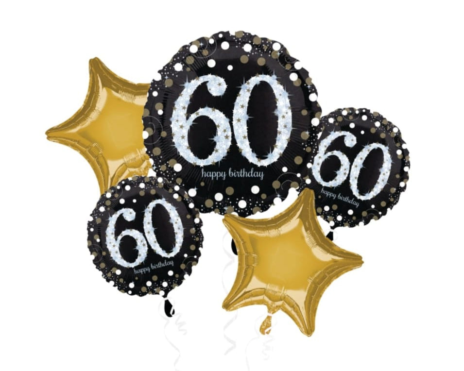 Decorative balloons with the number '60' on 1 Jumbo, 2 Standard size round and 2 Standard Gold Stars
