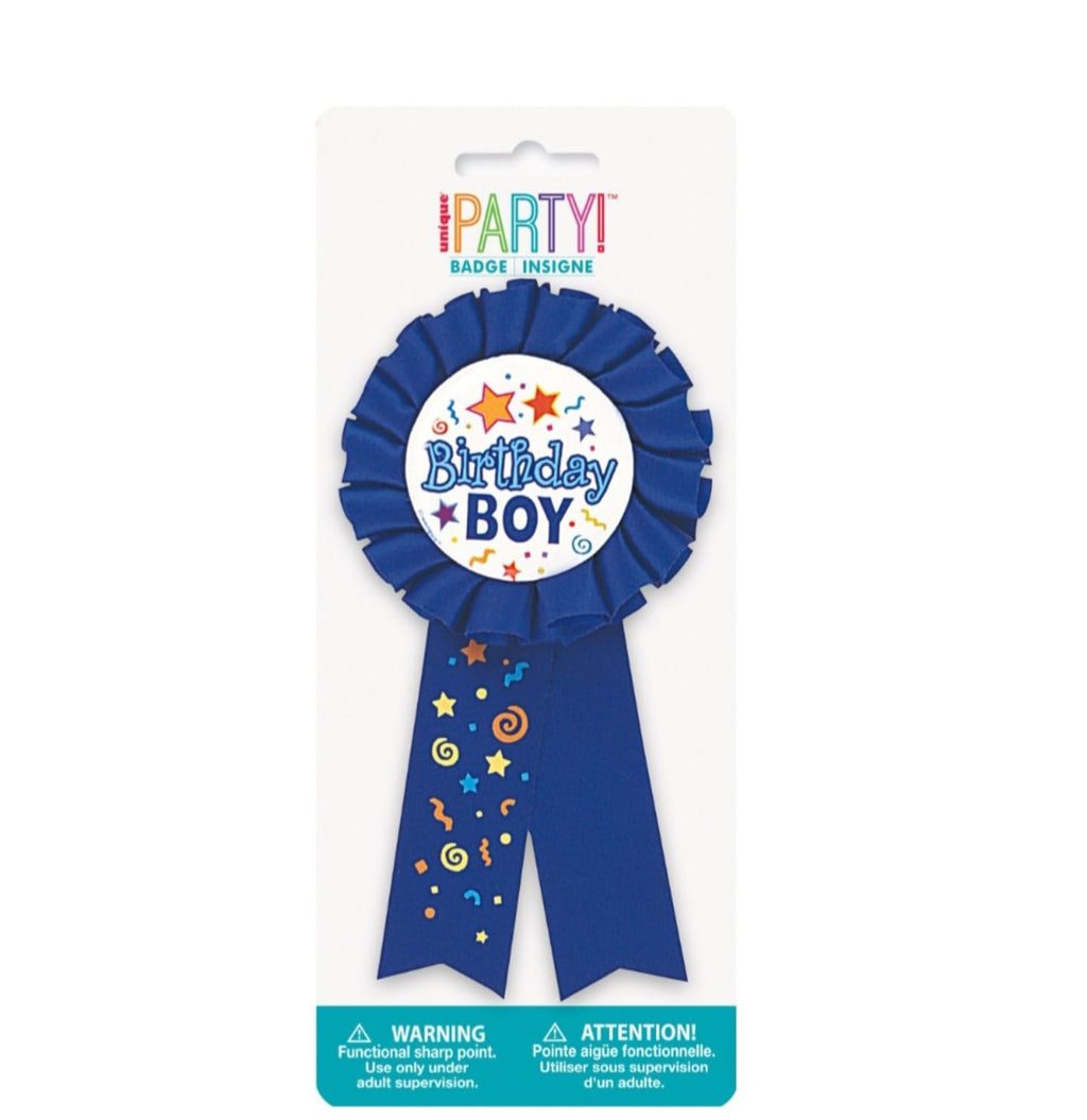 Blue ribbon badge with 'Birthday Boy' text