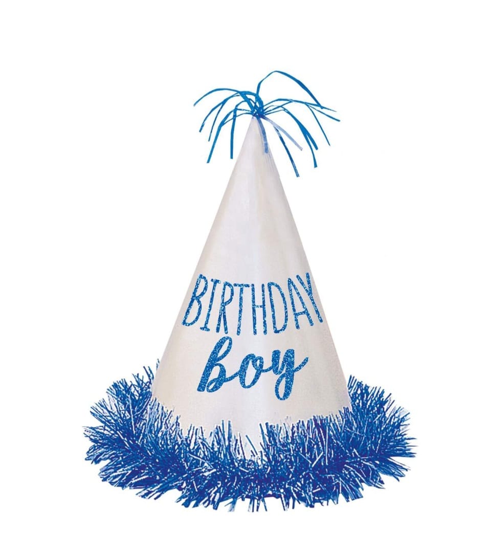 Party hat with blue text 'Birthday boy' 
