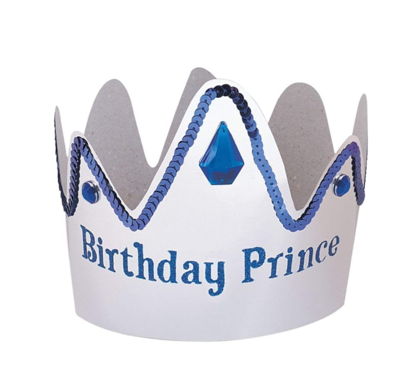 White paper crown with blue accents and 'Birthday Prince' text.