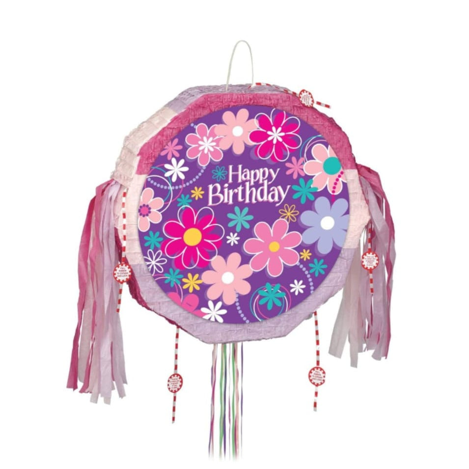 Decorative birthday piñata with colorful flowers and 'Happy Birthday' text on a white background.