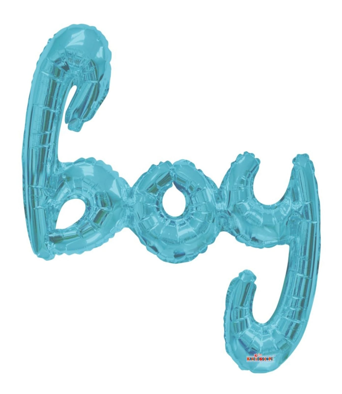 Blue balloon shaped like the word 'boy' 