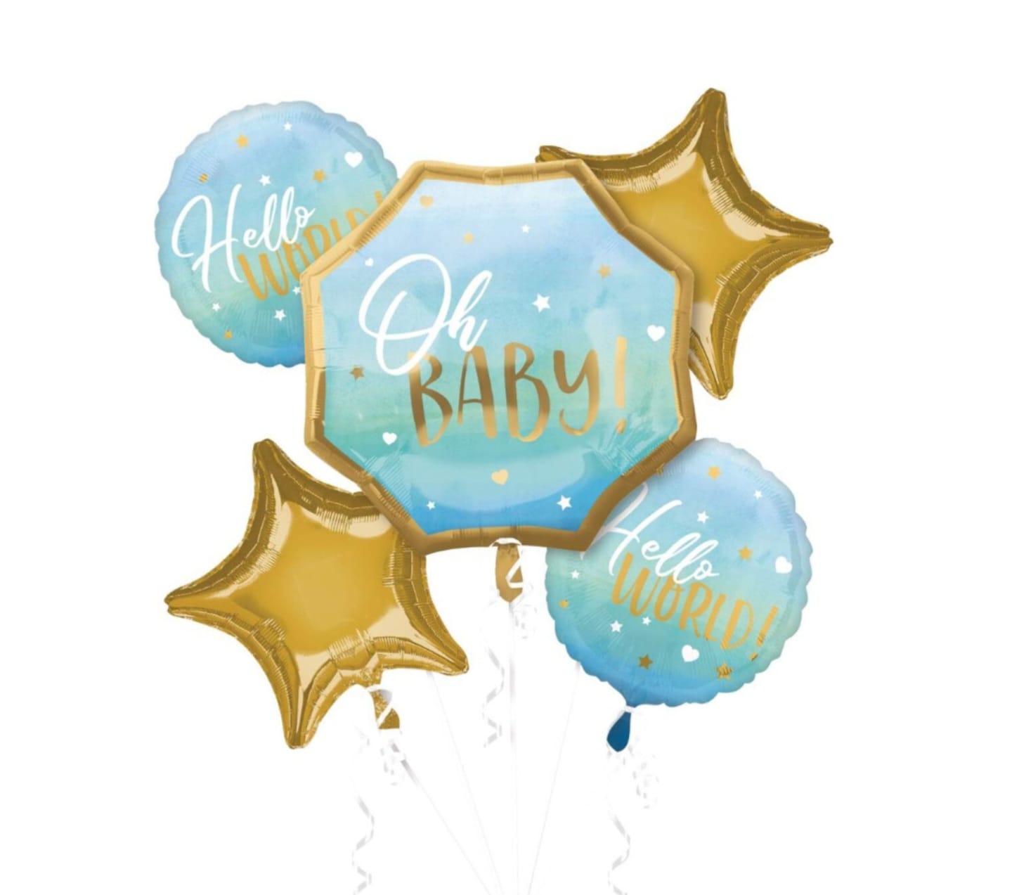 Decorative balloons with 'Oh Baby!' and 'Hello World!'