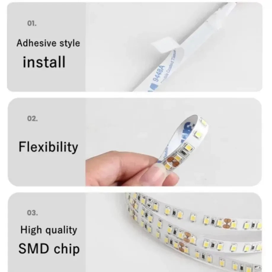 LED strip light with adhesive application, flexibility 