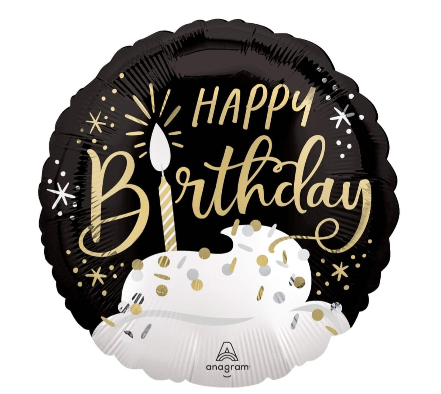 Birthday balloon with 'Happy Birthday' text, cake, and candle design