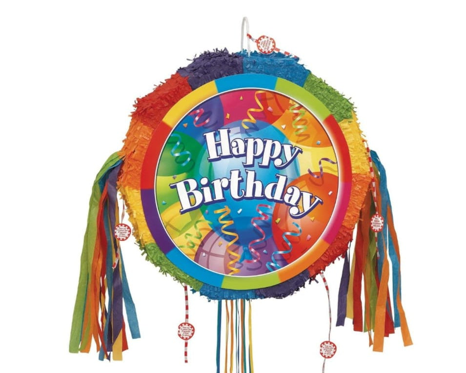 Colorful birthday piñata with 'Happy Birthday' text on it