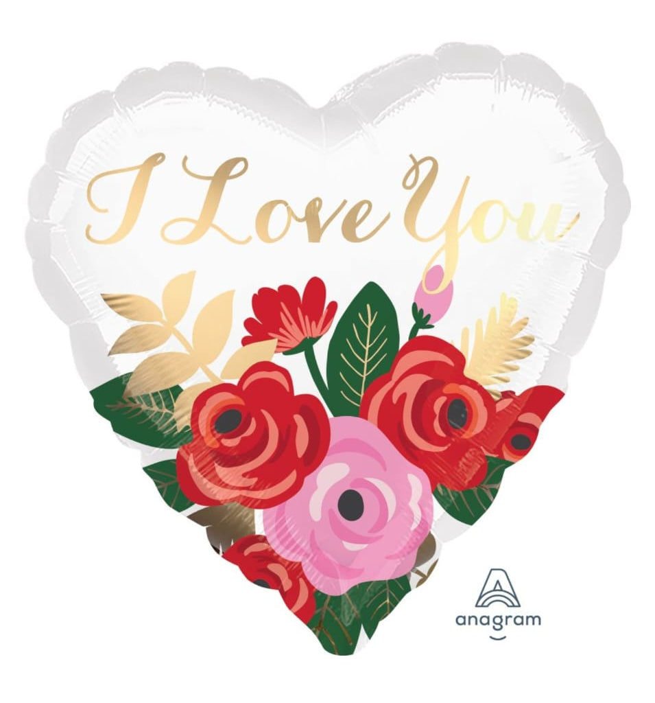 Heart-shaped balloon with roses and 'I Love You' text 