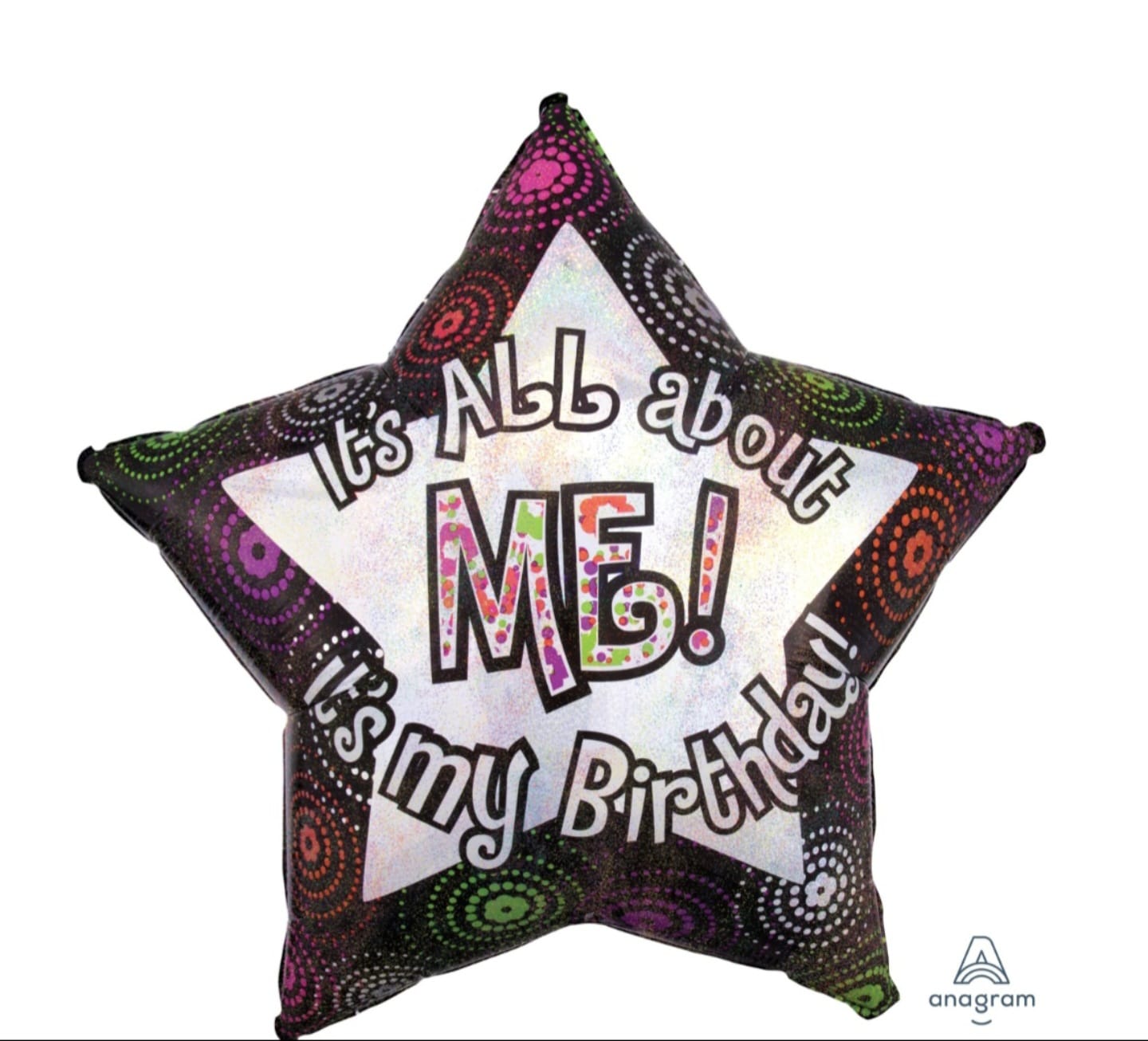 Star-shaped balloon with 'It's All about ME! It's my Birthday!' text