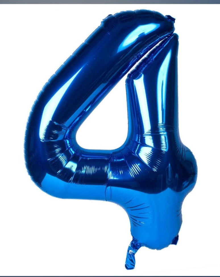 Blue foil balloon shaped like the number '4'