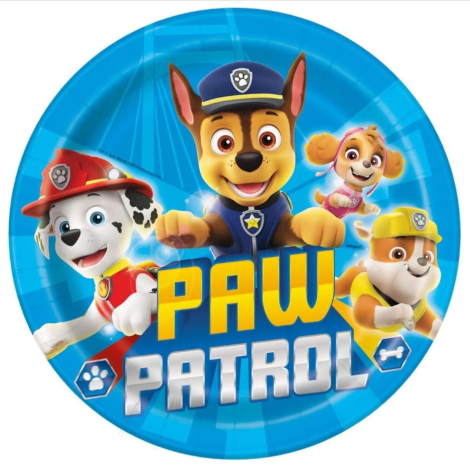 Paw Patrol paper plate with cartoon characters on a blue background