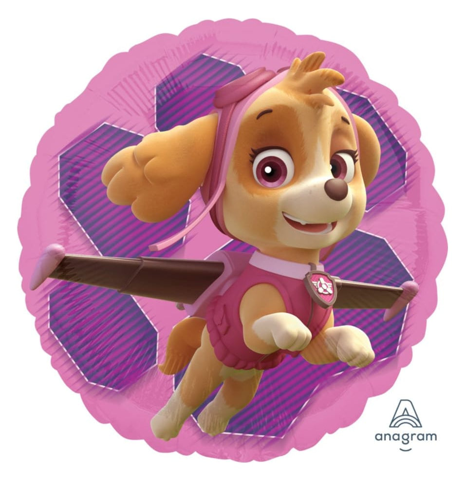 Paw Patrol balloon with Skye and Everest on a pink background