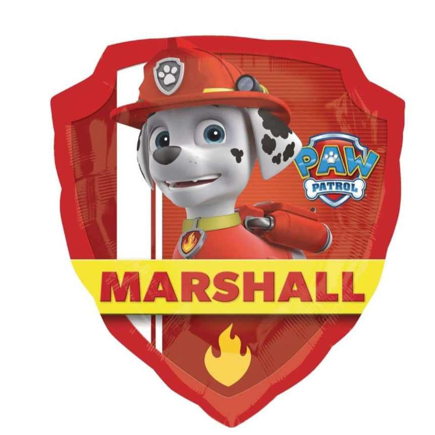 Paw Patrol badge with Marshall the dog on a red shield