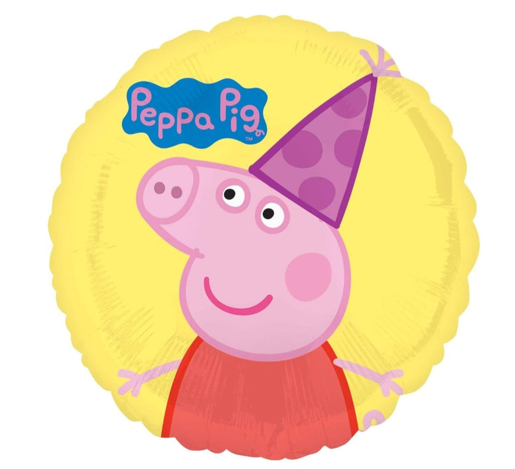 Balloon with Peppa Pig design wearing a party hat on a yellow background