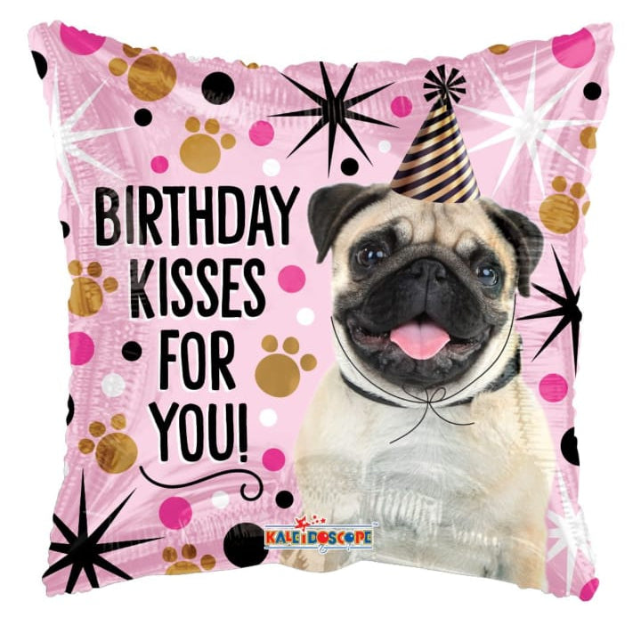 Decorative balloon with a pug illustration and text 'Birthday Kisses For You!'