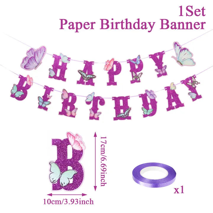 Pink Happy Birthday Banner — Butterfly & Pendant Garland Party Decoration