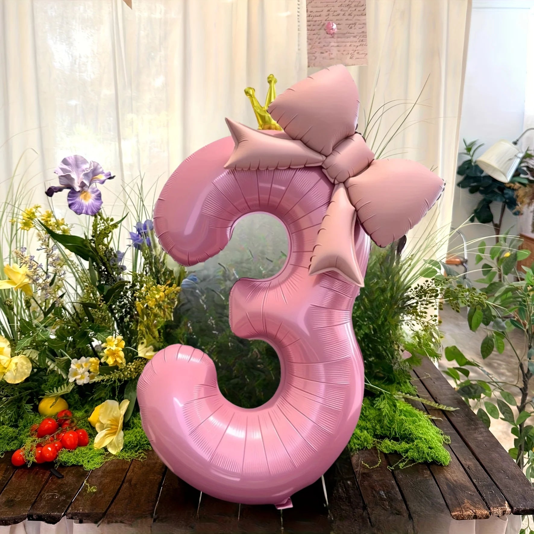 Pink Crown Number Foil Balloon with Bow – Birthday & Anniversary Decoration