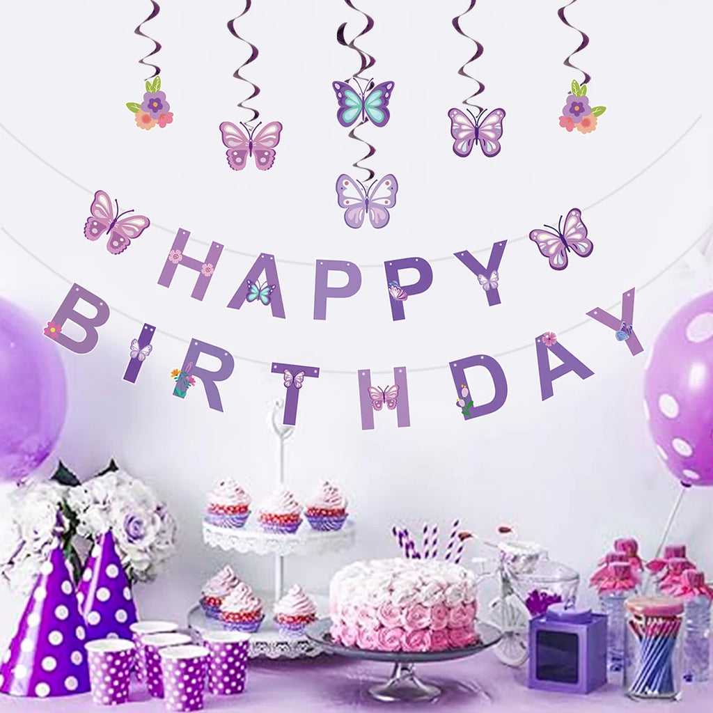 Pink Happy Birthday Banner — Butterfly & Pendant Garland Party Decoration