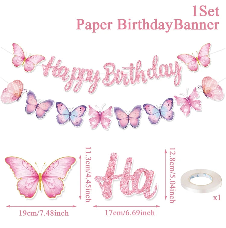 Pink Happy Birthday Banner — Butterfly & Pendant Garland Party Decoration