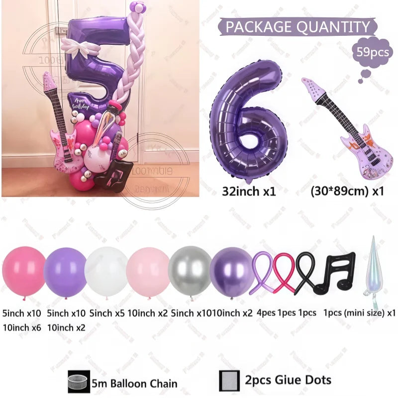 32" Guitar-Shaped Number Balloon Set | 59-Piece Music Birthday Décor | Plum