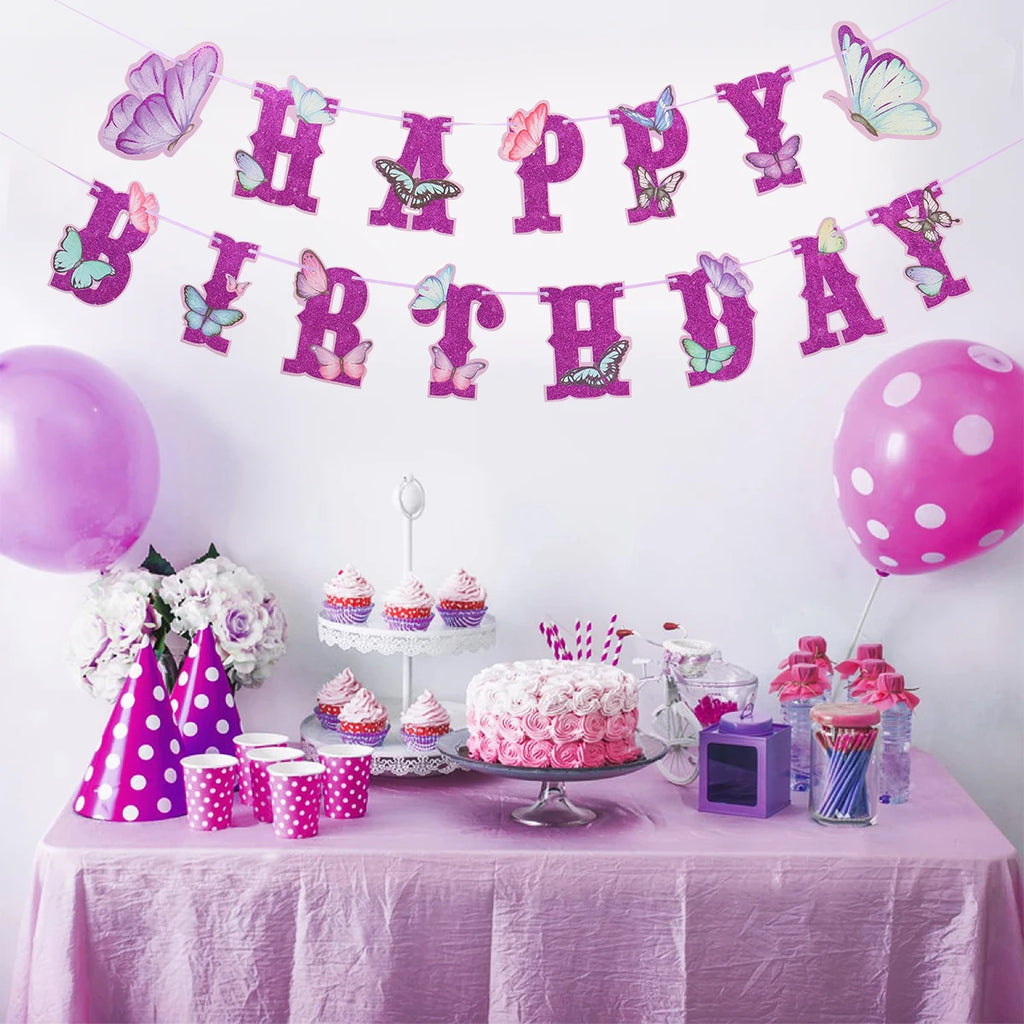 Pink Happy Birthday Banner — Butterfly & Pendant Garland Party Decoration