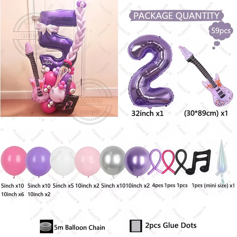 32" Guitar-Shaped Number Balloon Set | 59-Piece Music Birthday Décor | Plum