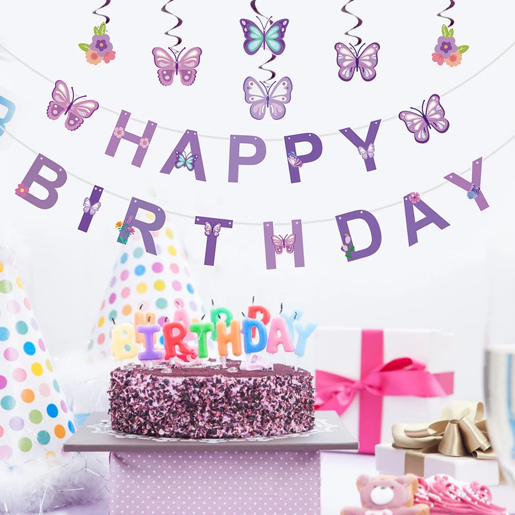 Pink Happy Birthday Banner — Butterfly & Pendant Garland Party Decoration